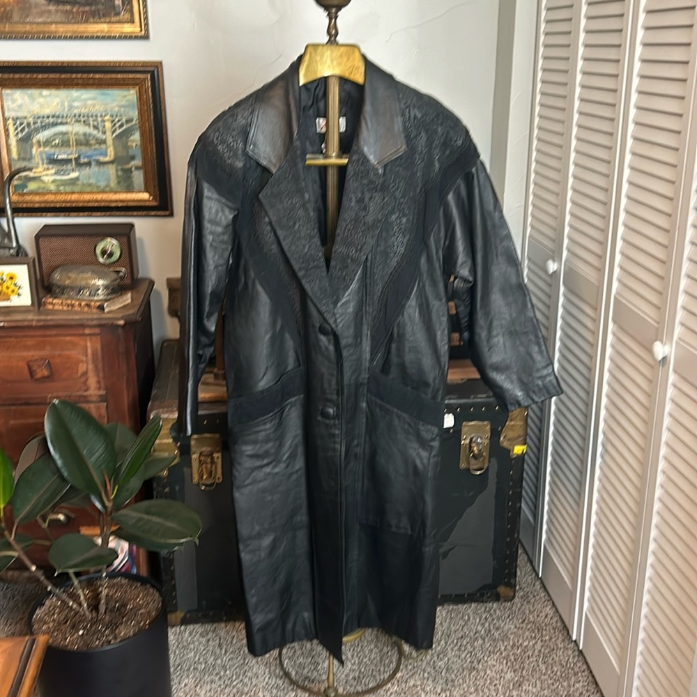 VINTAGE Black Western Steampunk Lace Maxi Leather Trench Coat EUC